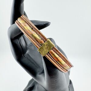 Vintage Copper Brass Cuff Bracelet Twisted Rope Detail Mixed Metal Boho Unisex